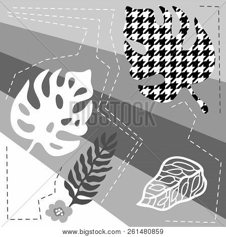 Simple Design With Hounds Tooth Pattern, Diagonal Stripes And Palm Leaves.