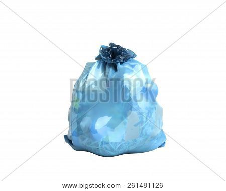 Close Up Of Blue Garbage Bag 3d Render On White Background No Shadow