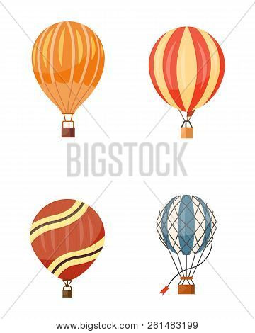 Hot Air Balloon Vector Icons Set. Summer Ballooning Adventure Cartoon Hotair Travel.