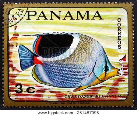 Panama - Circa 1968: A Stamp Printed In Panama Shows Saddle Butterflyfish, Chaetodon Ephippium, Trop