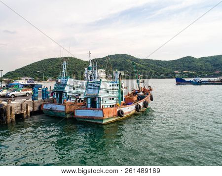 Fishing Boat In The Sea.aerial View And Top View.