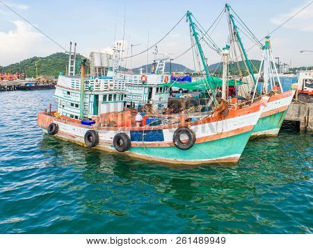 Fishing Boat In The Sea.aerial View And Top View.