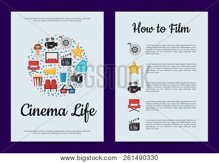 Vector Flat Cinema Icons Of Set On Card Or Flyer Template Illustration