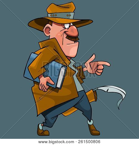 Cartoon Male Writer In A Hat With A Book And A Feather Sneaks