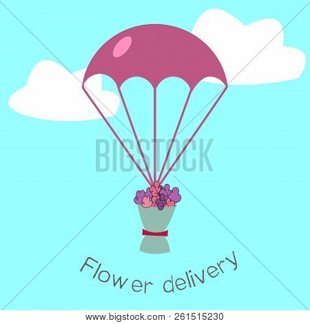 Flat Style Design Of Flower Delivery Concept, Parachute Delivers Flowers.
