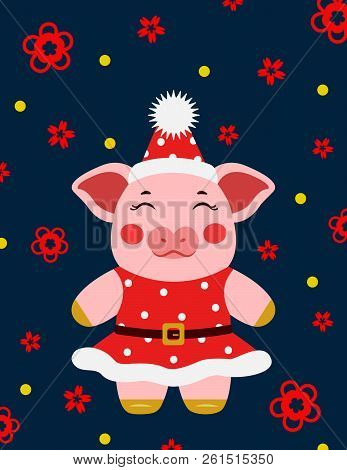 Happy New Year Cute Pig Girl Postcard Chinese. Symbol Of The Year 2019 Vector Illustrtion