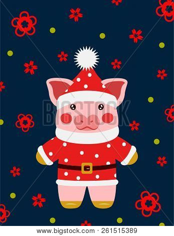 Happy New Year Cute Pig Santa Claus Postcard Chinese. Symbol Of The Year 2019 Vector Illustrtion