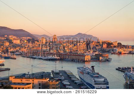 Genoa, Italy October 30, 2016 - Genoa Harbor Landscape At Sunset, Italy , Europe