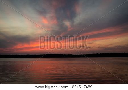 Beautiful Summer Sunset In The Lake Necko. Sunset Background