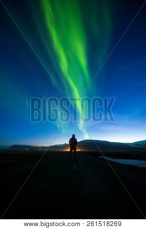 A Wonderful Night With Kp 5 . Northern Lights Mountain In Iceland.