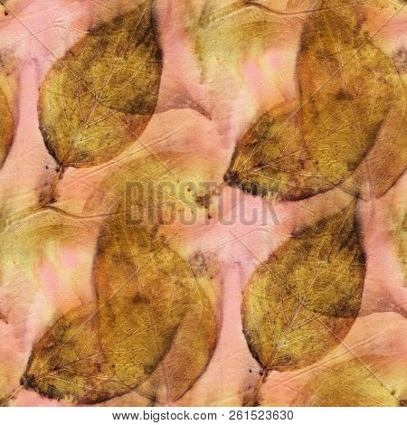 Seamless Botanical Print With Leaf Prints On Natural Silk. Hand-drawn Illustration.12