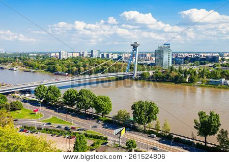 Most Snp New Bridge Or The Ufo Bridge Or Novy Most In Bratislava, Slovakia. Snp Most Bridge Is A Roa