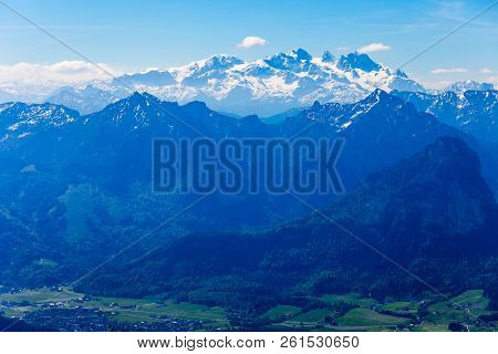 Alps Mountains Aerial Panoramic View From Schafberg Viewpoint, Upper Austria. Schafberg Viewpoint Lo