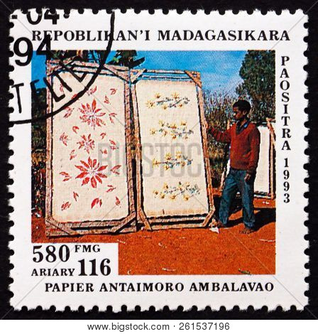 Malagasy - Circa 1993: A Stamp Printed In Malagasy, Madagascar Shows Antaimoro Ambalavao Paper, Desi