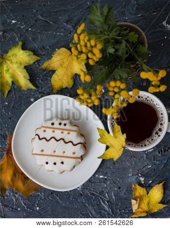 Autumn Background - Cup Of Coffee, Gingerbread And Dry Autumn Leaves On The White Background. Autumn