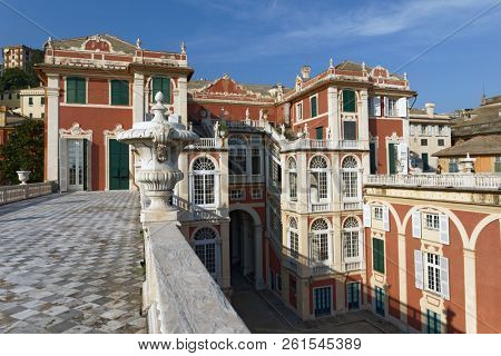 GENOA, ITALY - AUGUST 5, 2018: Inner court of Palazzo Reale, the Royal Palace. Since 2006, the palace is the part of UNESCO World Heritage site