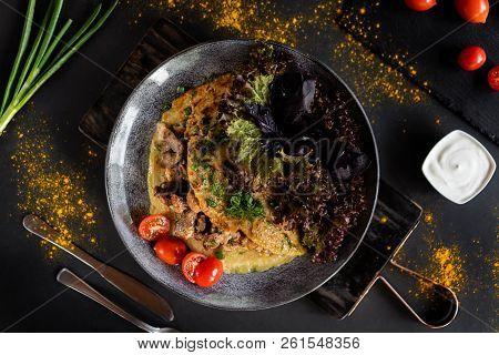 Belorussian National Food - Draniki. Traditional Eating Concept. Dark Background With Plate With Pan