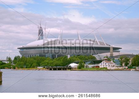 Saint Petersburg, Russia - July 08, 2017: The New Football Stadium On Krestovsky Island And The Cons