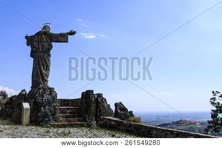 Castelo Rodrigo, Portugal - June 21, 2018:  Statue Of Christ At The Sanctuary On Top Of The Marofa M