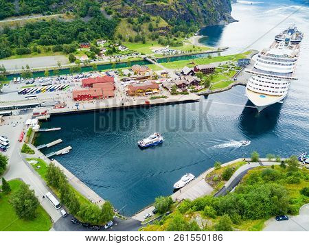 Cruise Ship In Flam. Flam Is A Village In Flamsdalen, At The Aurlandsfjord A Branch Of Sognefjord, M
