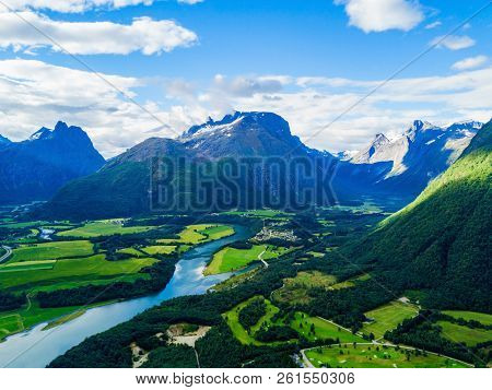 Andalsnes Aerial Panoramic View, Andalsnes Is A Town In Rauma Municipality In Norway.