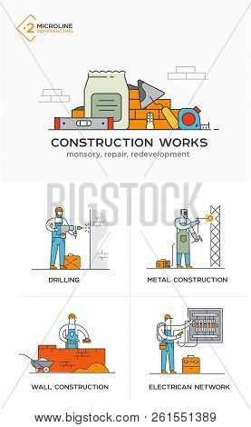 Builders, Masonry, Metal Structures, Electricity, Walls. Stages Of Construction. Lined Icon Icons. A