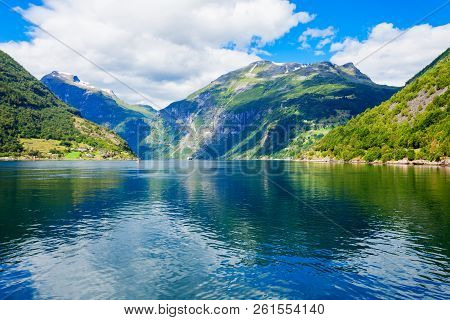 Geirangerfjord Mountain View From Tourist Boat. Geirangerfjord Located Near The Geiranger Village In