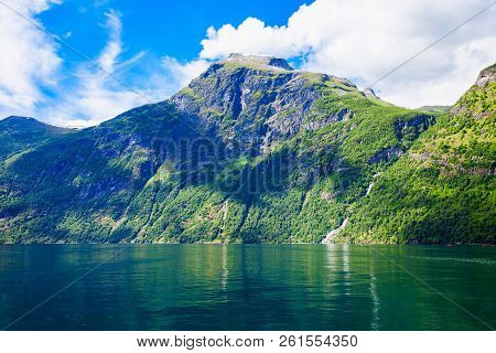 Geirangerfjord Mountain View From Tourist Boat. Geirangerfjord Located Near The Geiranger Village In