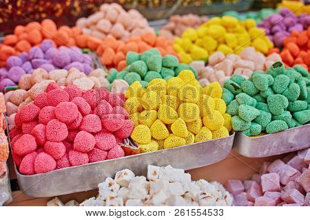 Turkish Traditional Sweets, Rahat Lukum In Counter In The Grand Bazar Market, Istanbul