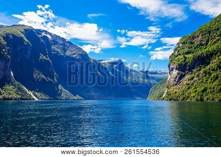 Geirangerfjord Mountain View From Tourist Boat. Geirangerfjord Located Near The Geiranger Village In