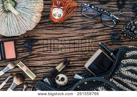 Feminine Beauty Accessories Cosmetic Fashion Flat Lay On Grunge Wood With Gruge  Pumpkin For Hallowe