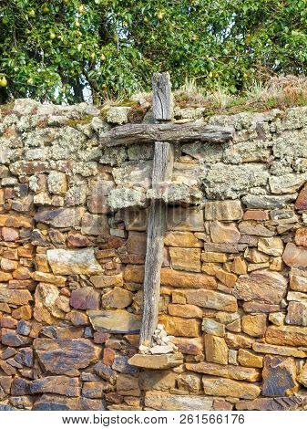 Wooden Cross On A Stone Wall - El Ganso, Castile And Leon, Spain