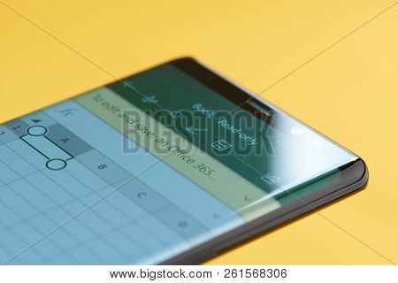 New York, Usa - October 3, 2018: Microsoft Excel Menu  On Smartphone Screen Close Up View With Yello