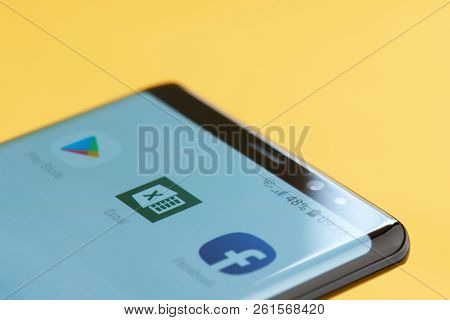 New York, Usa - October 3, 2018: Microsoft Excel Icon  On Smartphone Screen Close Up View With Yello