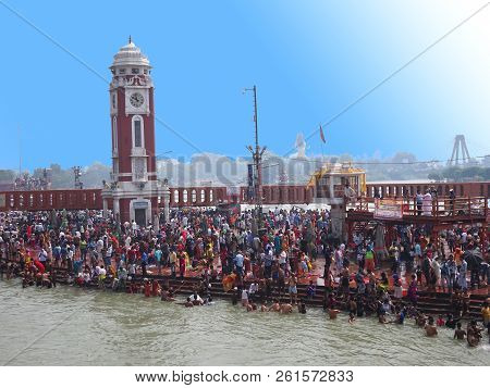 Haridwar, Uttarakhand / India - 24th May 2018 : Religious Hindu People Bathing At Famous Har Ki Paur
