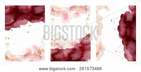 Watercolor Abstract Background, Hand Drawn Watercolour Burgundy And Gold Texture Vector Illustration