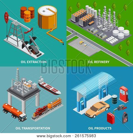 Oil Industry Extraction Equipment Refinery And Transportation 2x2 Colorful Isometric Concept 3d Isol