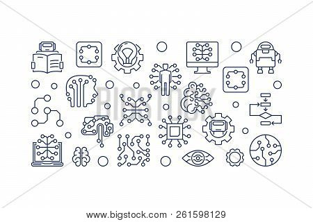 Machine Learning Horizontal Vector Banner Or Illustration In Outline Style