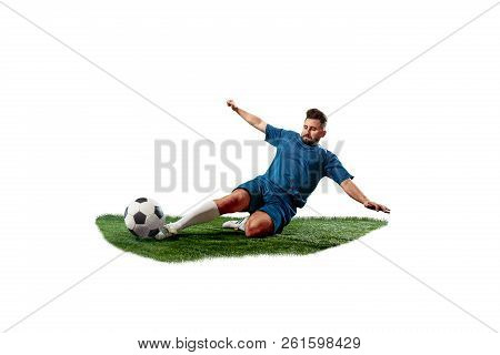 Football Player Tackling For The Ball Over White Background. Professional Football Soccer Player In 