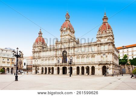 City Hall Or Municipal Palace Or Concello Da Coruna At The Plaza De Maria Pita Square In A Coruna In
