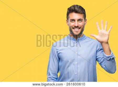 Young handsome man over isolated background showing and pointing up with fingers number five while smiling confident and happy.