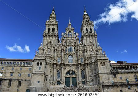 Cathedral, Sunny Day With Clouds. Baroque Facade. Santiago De Compostela, Spain.