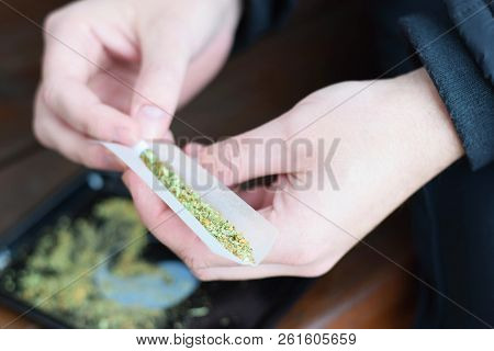 Man Rolling A Marijuana Joint, Drugs Concept