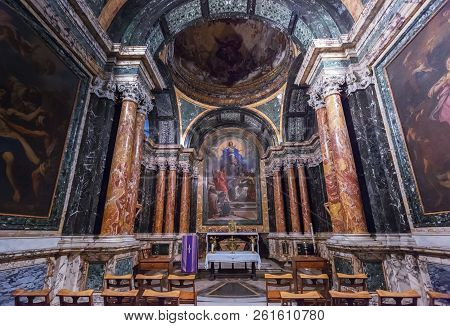 Rome, Italy - March 20, 2018: The Cybo Or Saint Lawrence Chapel Of Basilica Of Santa Maria Del Popol