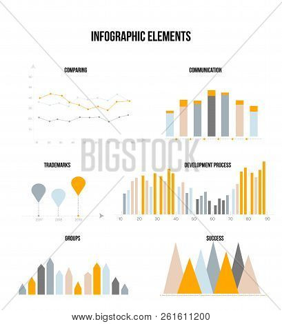 Business Data Visualisation Inforgaphic Elements Vector Set. Gray, Brown, Pie Chart, Group Diagram, 