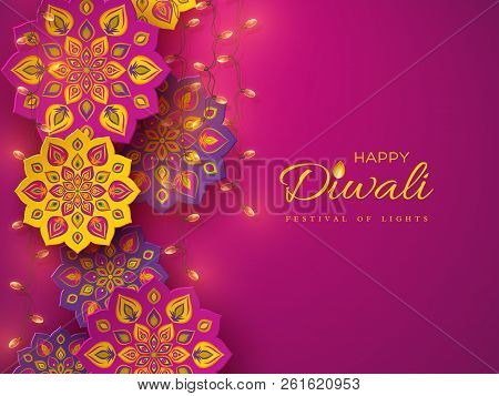 Diwali Festival Holiday Design With Paper Cut Style Of Indian Rangoli And Garlands. Purple Color Bac