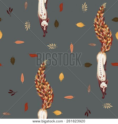 Seamless Pattern. Fox With The Tail Of Fallen Autumn Leaves. Leaf Fall. On A Light Grey Background. 