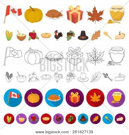 Canada Thanksgiving Day Cartoon Icons In Set Collection For Design. Canada And Tradition Vector Symb