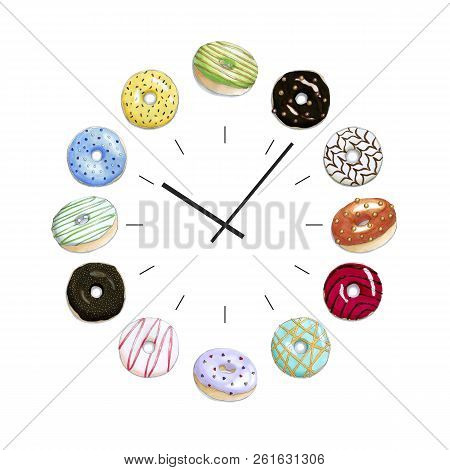 Hand Drawn Illustration Of A Clock Face With A Colorful Set Of Donuts. Isolated Objects On A White B