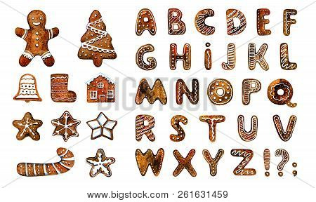 Set With Gingerbread Cookies Figures And Alphabet. Hand Drawn Cartoon Watercolor Illustration Isolat